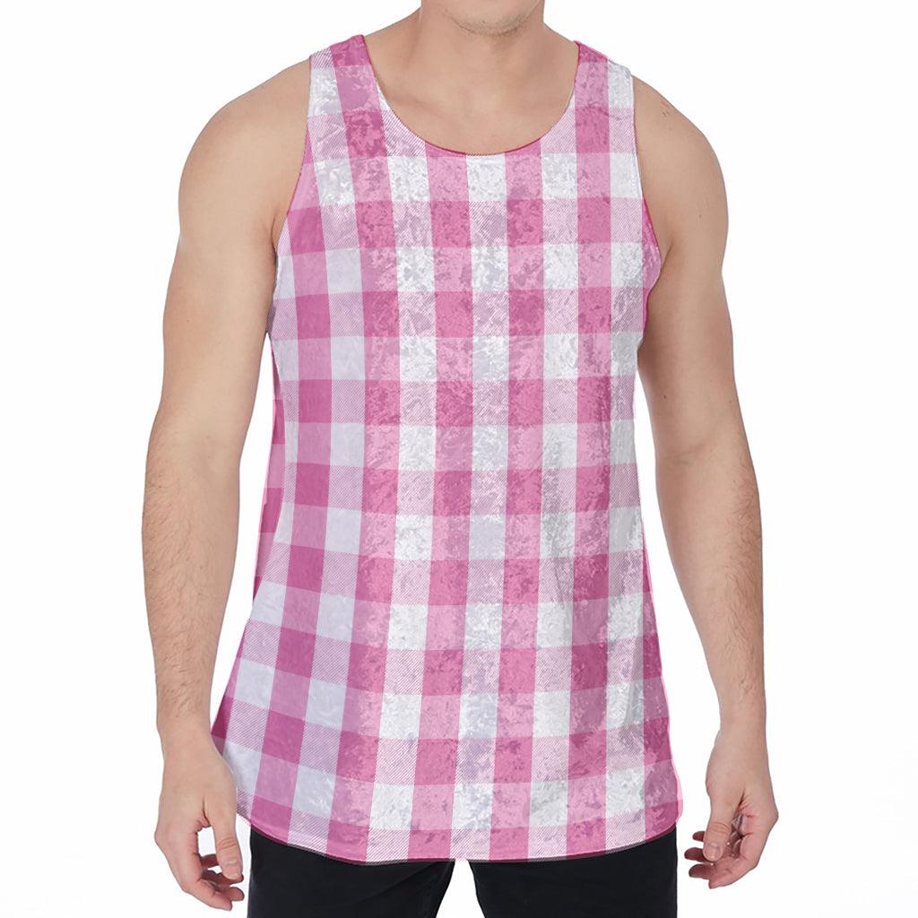 Pink And White Check Pattern Print Men's Velvet Tank Top