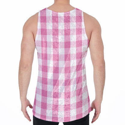 Pink And White Check Pattern Print Men's Velvet Tank Top
