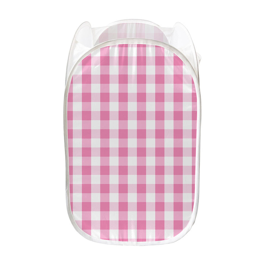 Pink And White Check Pattern Print Mesh Laundry Hamper