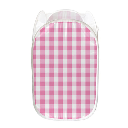 Pink And White Check Pattern Print Mesh Laundry Hamper