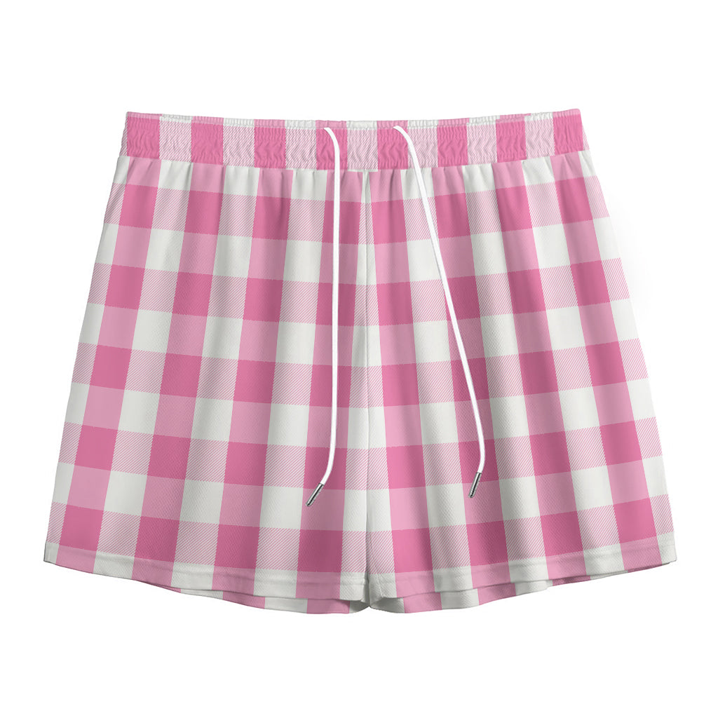 Pink And White Check Pattern Print Mesh Shorts