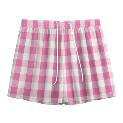 Pink And White Check Pattern Print Mesh Shorts