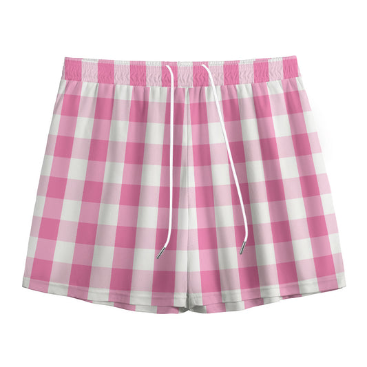 Pink And White Check Pattern Print Mesh Shorts
