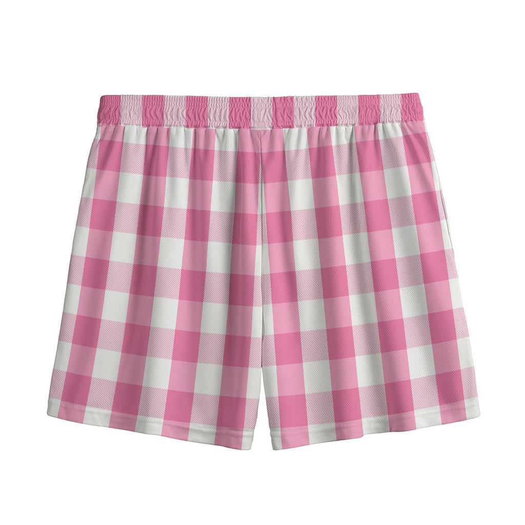 Pink And White Check Pattern Print Mesh Shorts