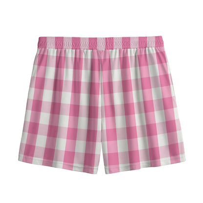Pink And White Check Pattern Print Mesh Shorts