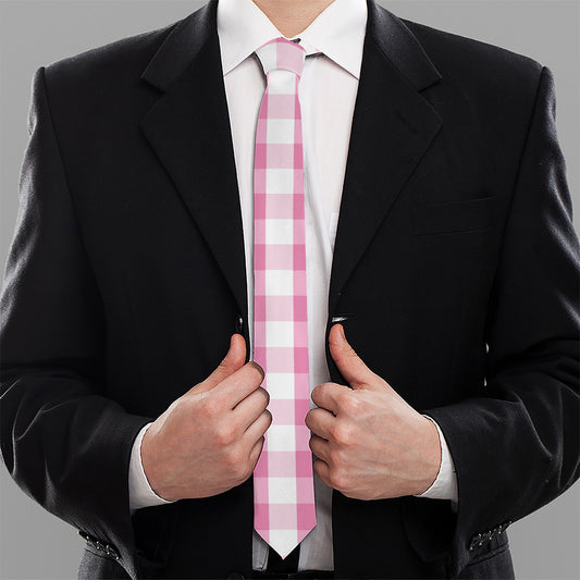 Pink And White Check Pattern Print Necktie