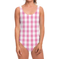 Pink And White Check Pattern Print One Piece Swimsuit