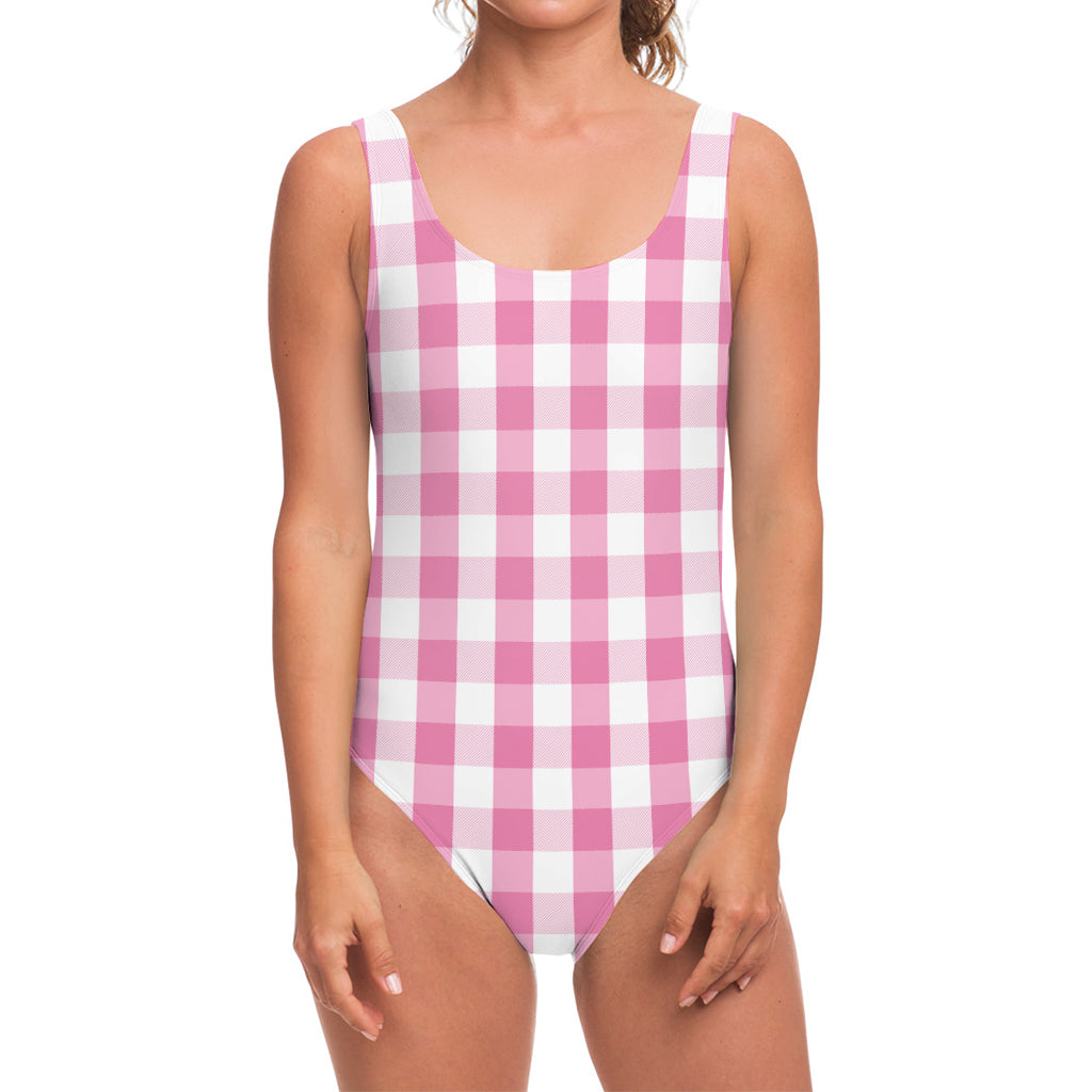 Pink And White Check Pattern Print One Piece Swimsuit