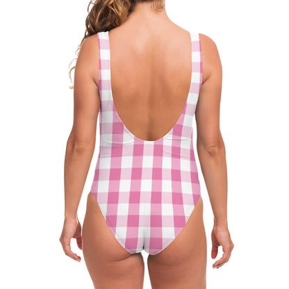 Pink And White Check Pattern Print One Piece Swimsuit