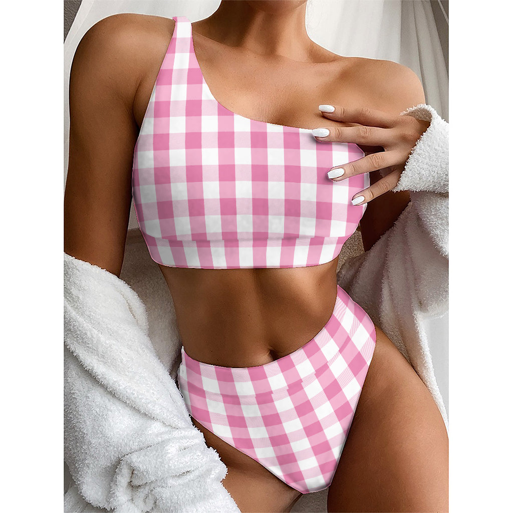 Pink And White Check Pattern Print One Shoulder Bikini Top