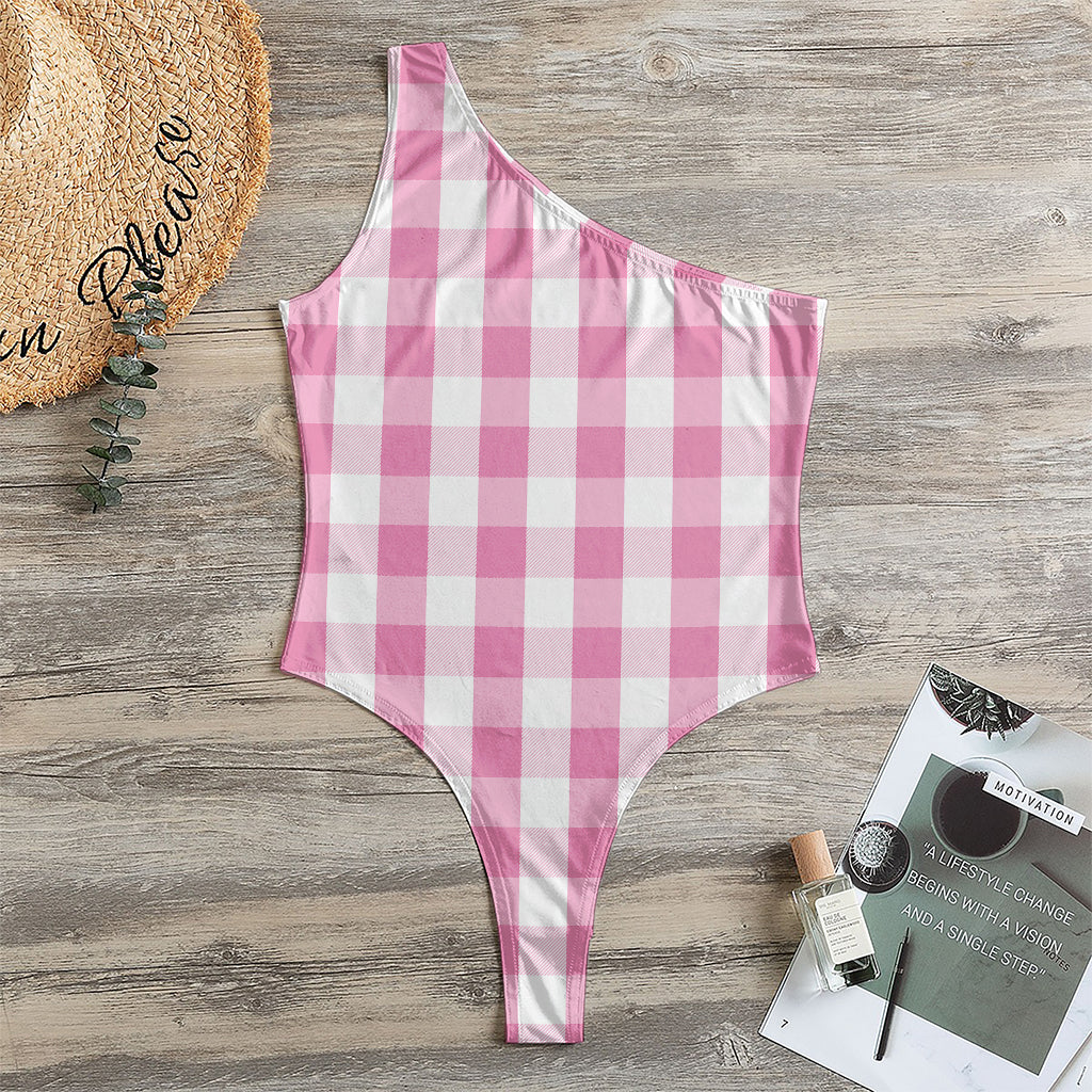 Pink And White Check Pattern Print One Shoulder Bodysuit