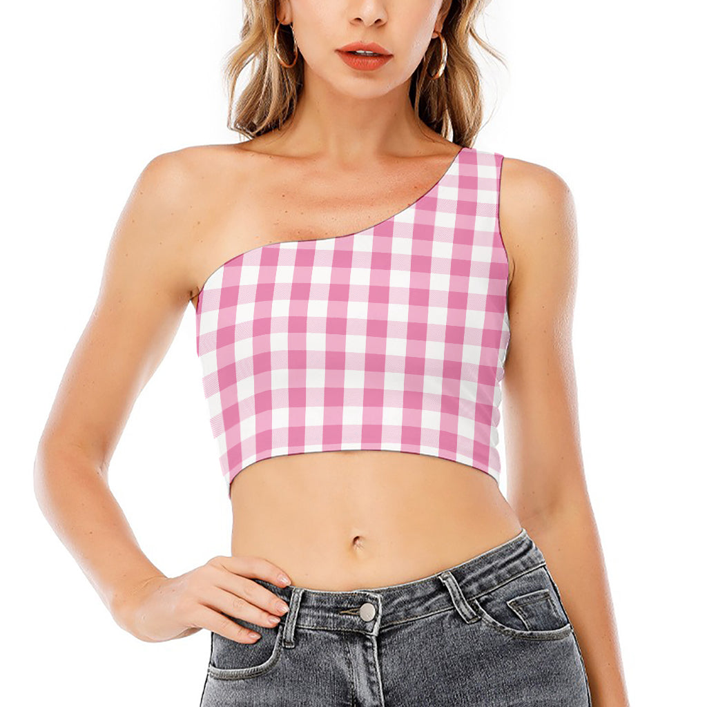 Pink And White Check Pattern Print One Shoulder Crop Top