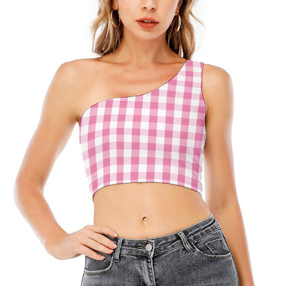 Pink And White Check Pattern Print One Shoulder Crop Top