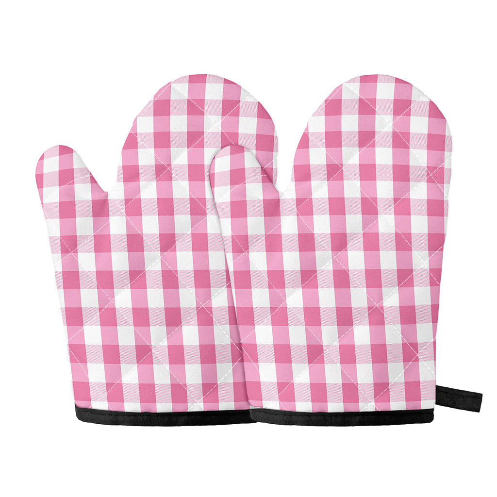 Pink And White Check Pattern Print Oven Mitts