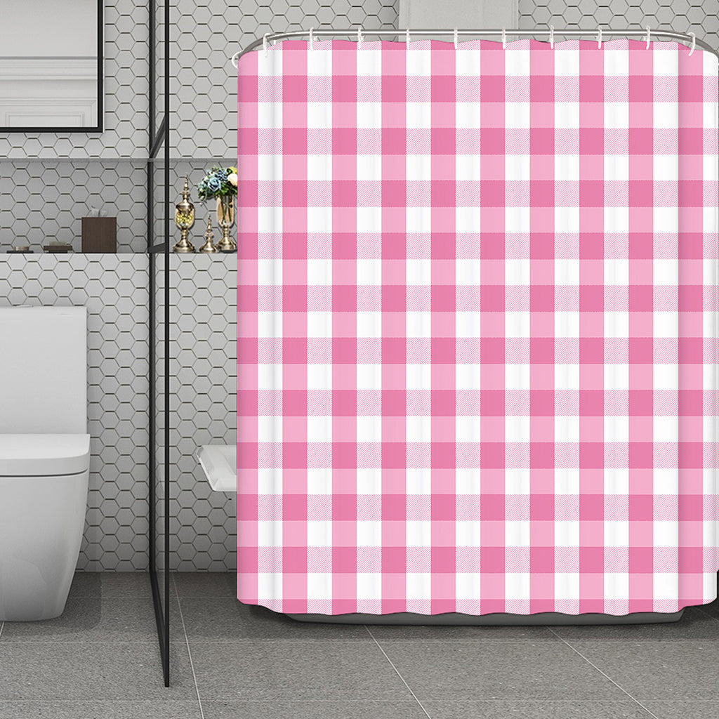 Pink And White Check Pattern Print Polyester Shower Curtain
