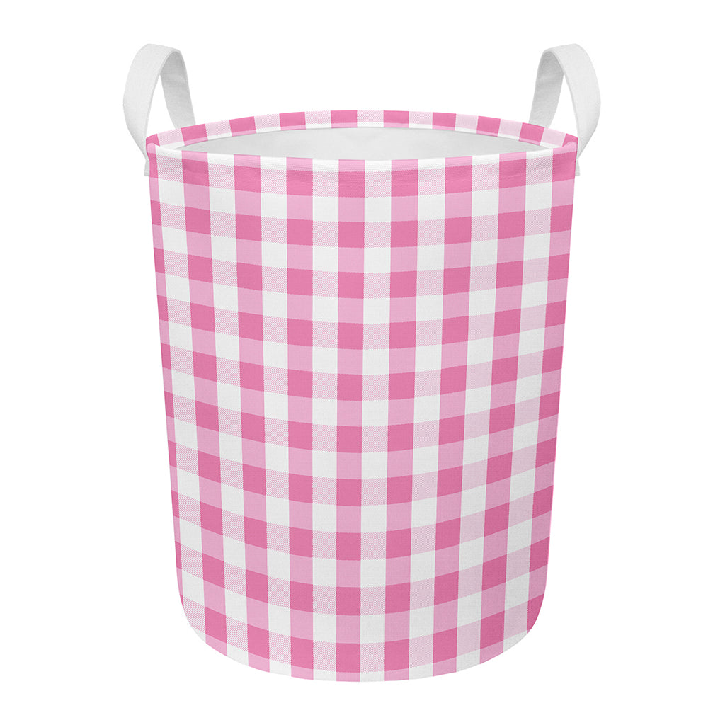 Pink And White Check Pattern Print Round Laundry Basket