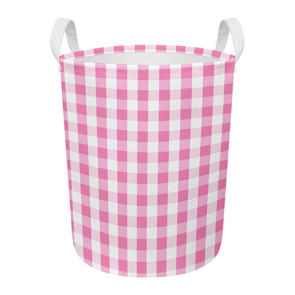 Pink And White Check Pattern Print Round Laundry Basket