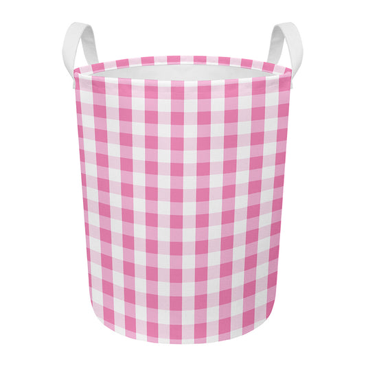 Pink And White Check Pattern Print Round Laundry Basket