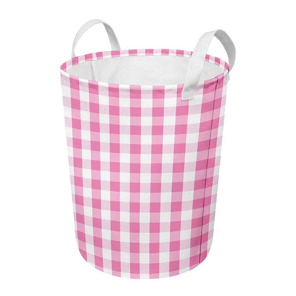 Pink And White Check Pattern Print Round Laundry Basket