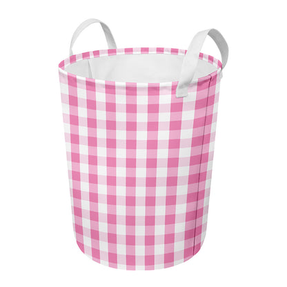 Pink And White Check Pattern Print Round Laundry Basket