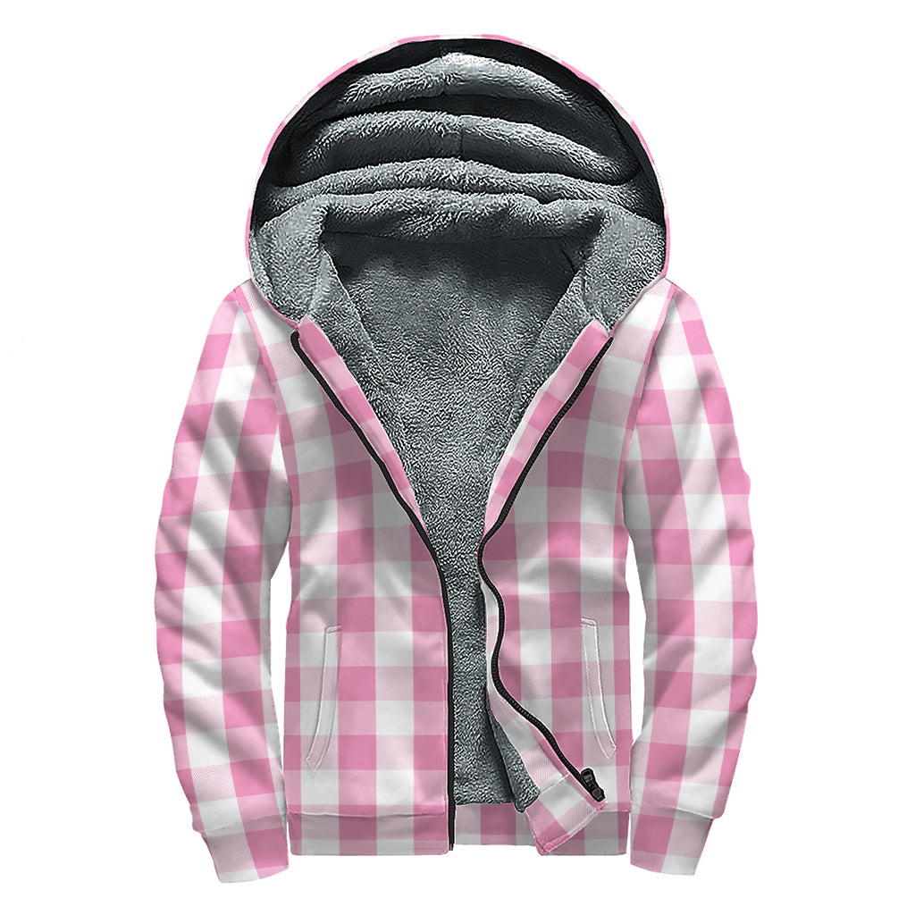 Pink And White Check Pattern Print Sherpa Lined Zip Up Hoodie