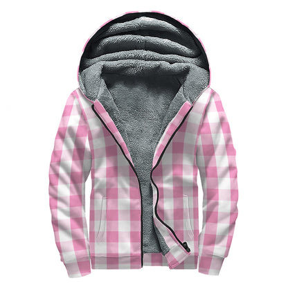 Pink And White Check Pattern Print Sherpa Lined Zip Up Hoodie
