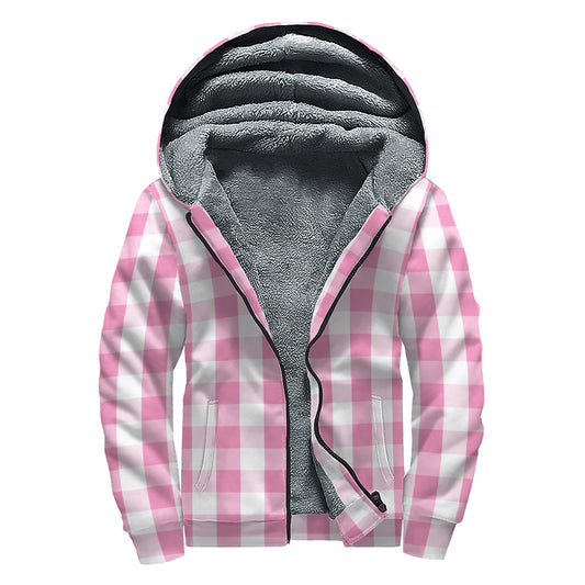 Pink And White Check Pattern Print Sherpa Lined Zip Up Hoodie