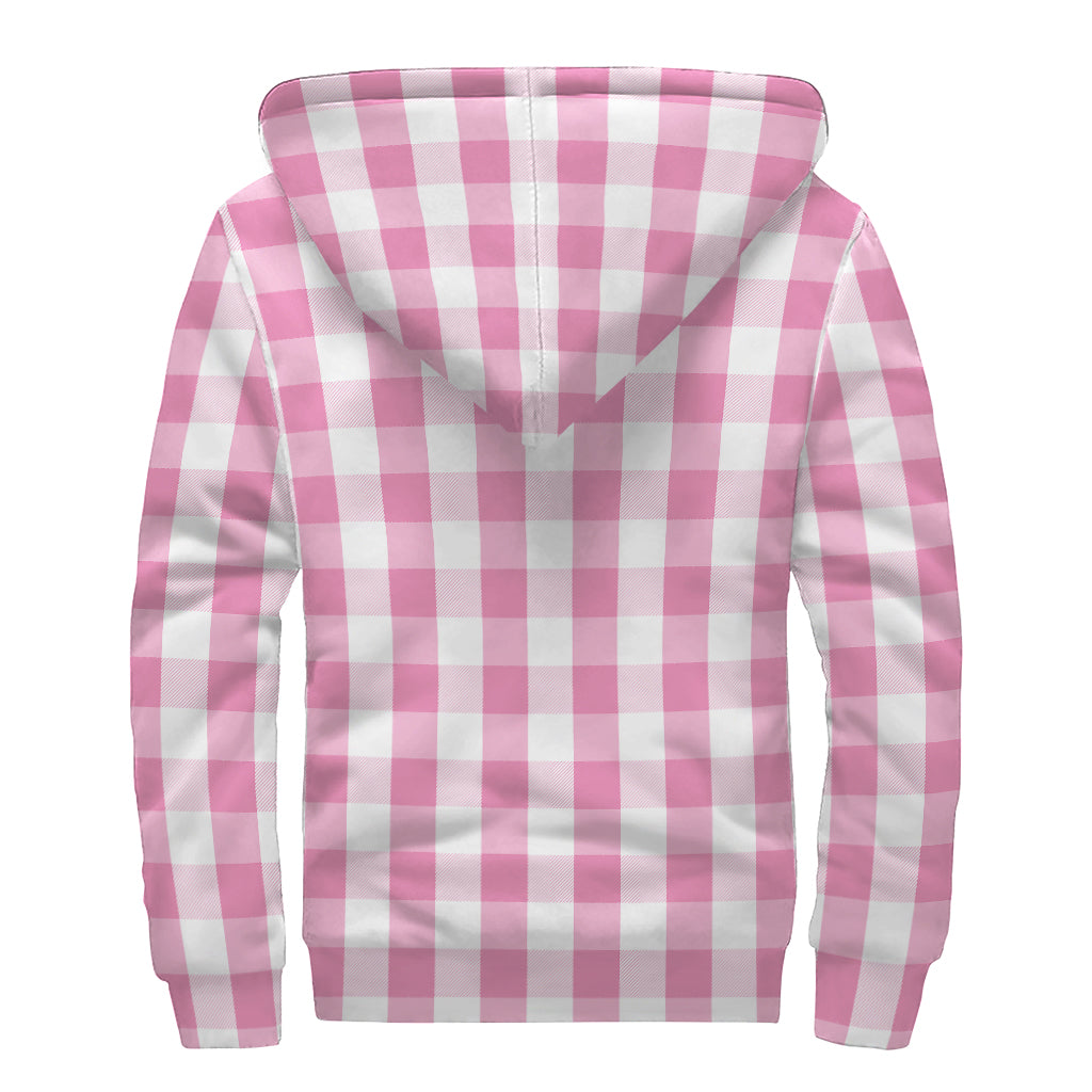 Pink And White Check Pattern Print Sherpa Lined Zip Up Hoodie