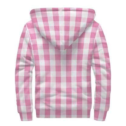 Pink And White Check Pattern Print Sherpa Lined Zip Up Hoodie