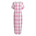 Pink And White Check Pattern Print Short Sleeve Long Nightdress