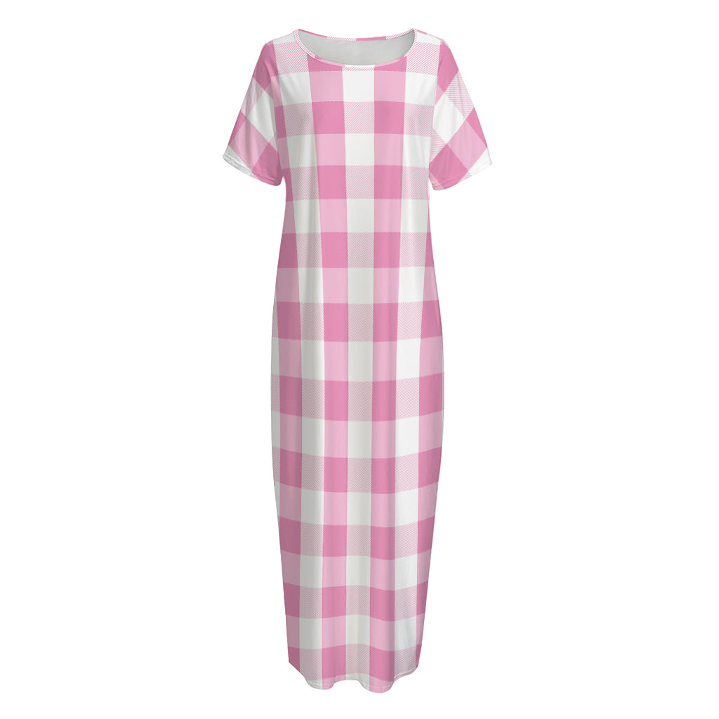 Pink And White Check Pattern Print Short Sleeve Long Nightdress