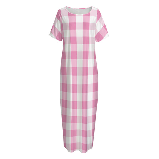 Pink And White Check Pattern Print Short Sleeve Long Nightdress