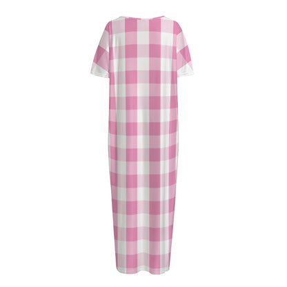 Pink And White Check Pattern Print Short Sleeve Long Nightdress