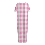 Pink And White Check Pattern Print Short Sleeve Long Nightdress