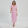 Pink And White Check Pattern Print Short Sleeve Maxi Dress