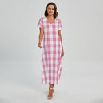 Pink And White Check Pattern Print Short Sleeve Maxi Dress