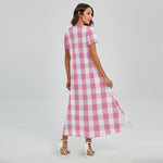 Pink And White Check Pattern Print Short Sleeve Maxi Dress