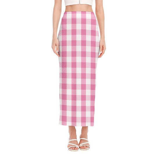 Pink And White Check Pattern Print Side Slit Maxi Skirt