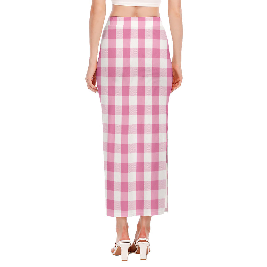 Pink And White Check Pattern Print Side Slit Maxi Skirt