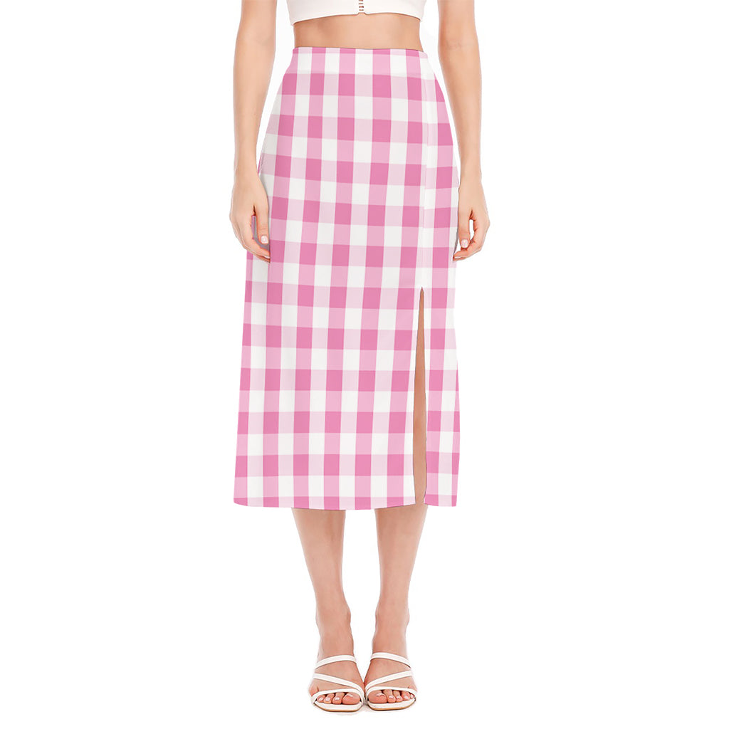 Pink And White Check Pattern Print Side Slit Midi Skirt