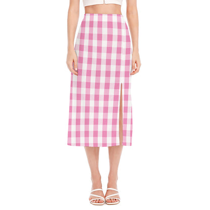 Pink And White Check Pattern Print Side Slit Midi Skirt