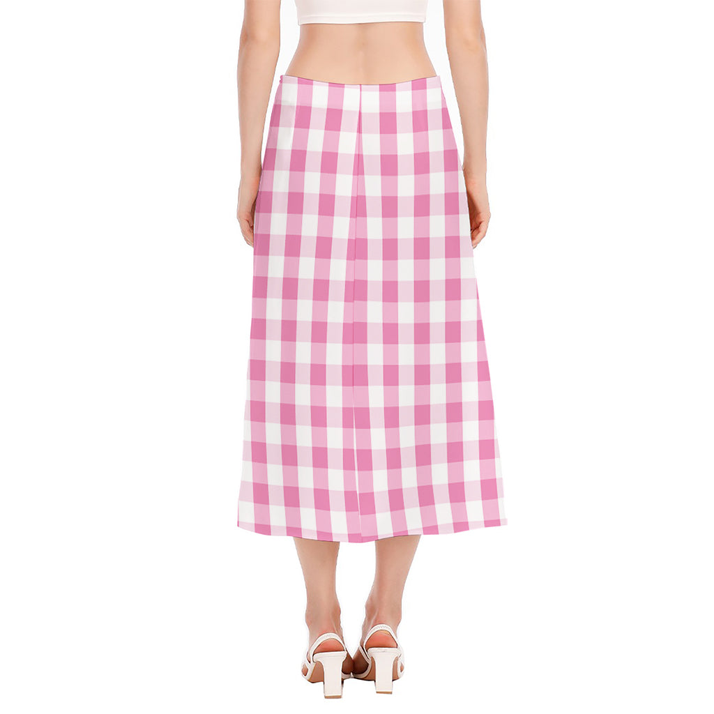 Pink And White Check Pattern Print Side Slit Midi Skirt