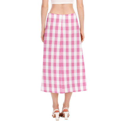 Pink And White Check Pattern Print Side Slit Midi Skirt