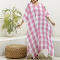 Pink And White Check Pattern Print Silk V-Neck Kaftan Dress