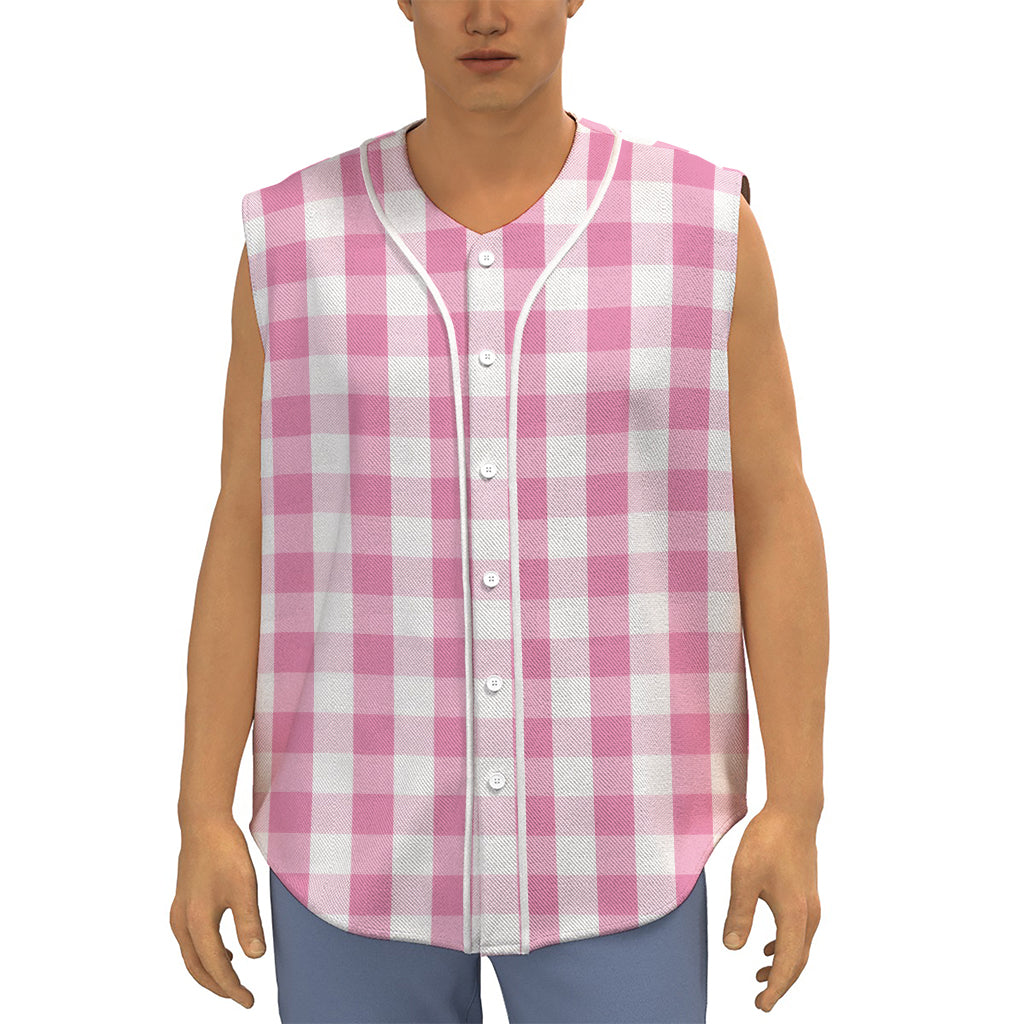 Pink And White Check Pattern Print Sleeveless Baseball Jersey