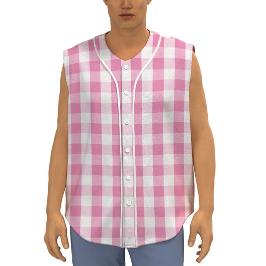 Pink And White Check Pattern Print Sleeveless Baseball Jersey