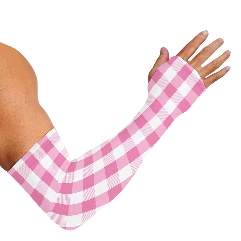 Pink And White Check Pattern Print Sun Protection Arm Sleeves