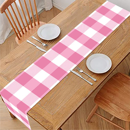 Pink And White Check Pattern Print Table Runner