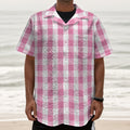 Pink And White Check Pattern Print Textured Short Sleeve Shirt