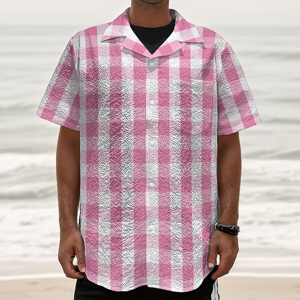 Pink And White Check Pattern Print Textured Short Sleeve Shirt